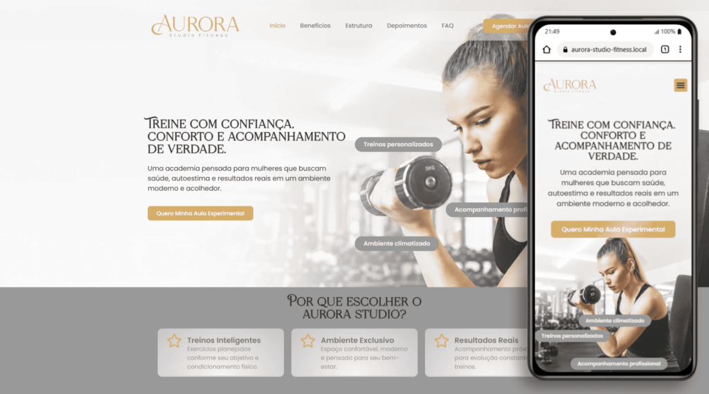 Landing page responsiva para academia feminina Aurora Studio Fitness