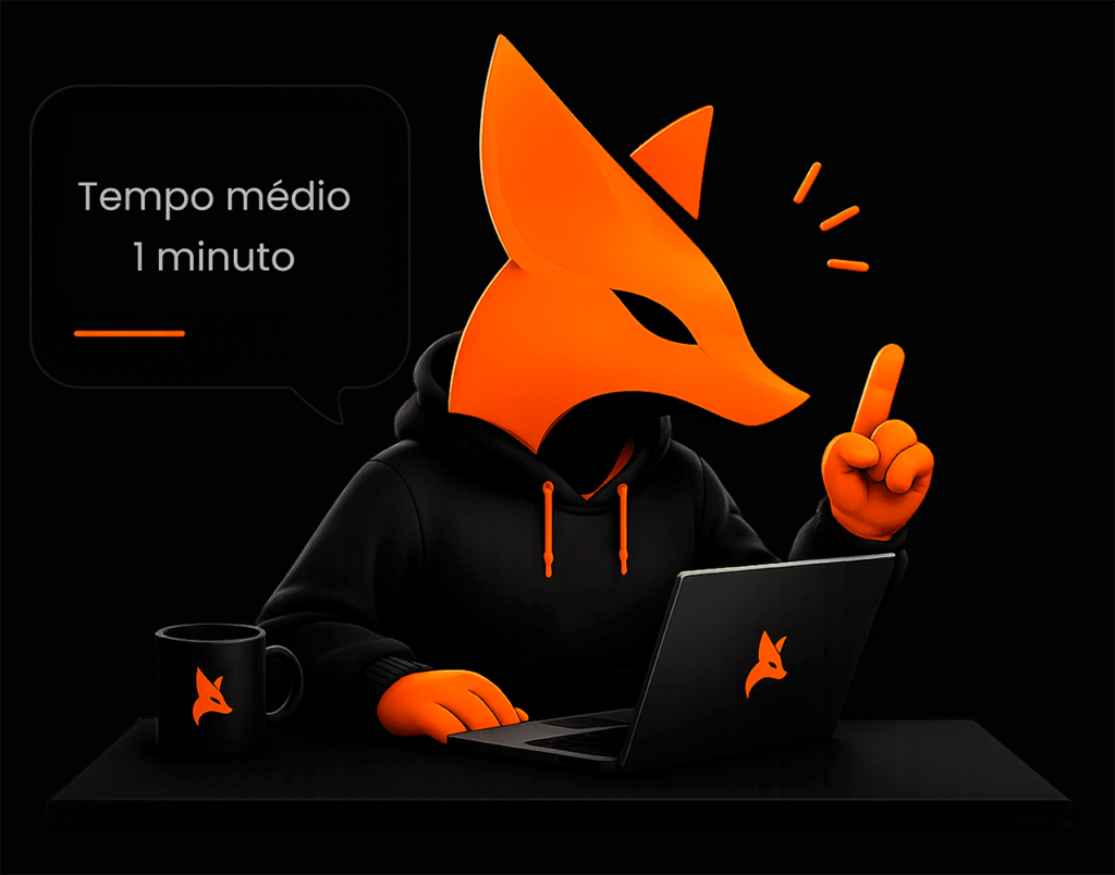 Raposa usando notebook com mensagem de tempo médio de resposta de 1 minuto