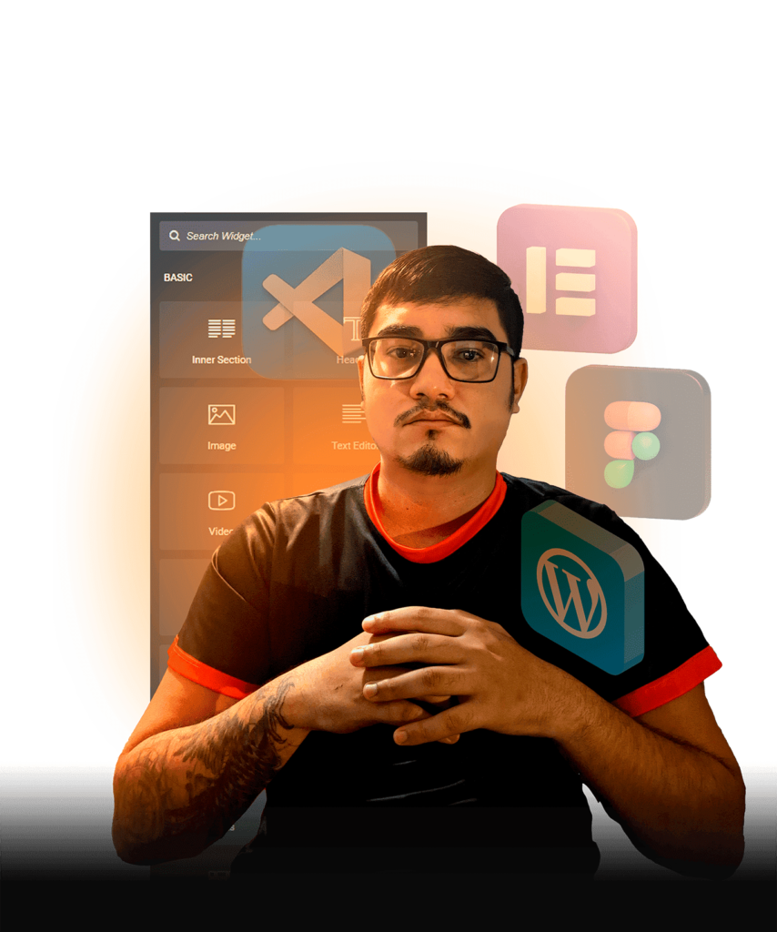 Igor Lima, web designer, em frente a elementos visuais do WordPress, Elementor e Figma.