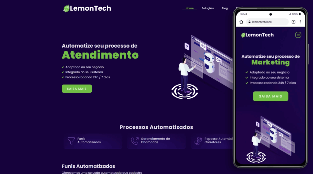 site institucional e responsivo para a empresa LemonTech, exibido em computador e celular.