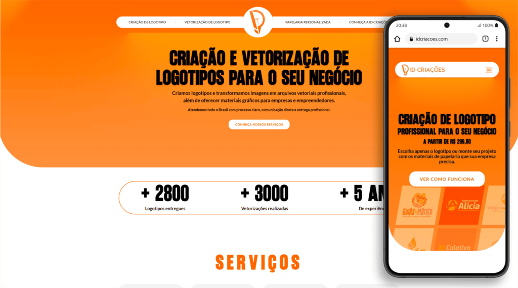 Site da Id Criações desenvolvido para apresentar serviços de criação de logotipos, vetorização e materiais gráficos
