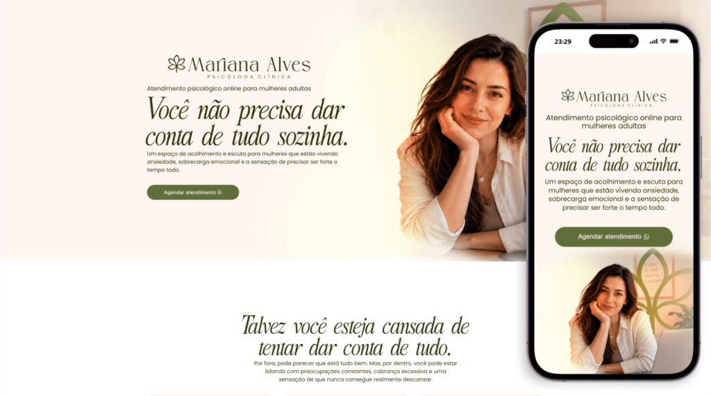 Site para Mariana Alves, psicóloga clínica, com atendimento psicológico online para mulheres adultas